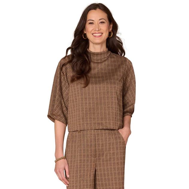 Womens Democracy Elbow Sleeve Mock Neck Crop Hem Blouse