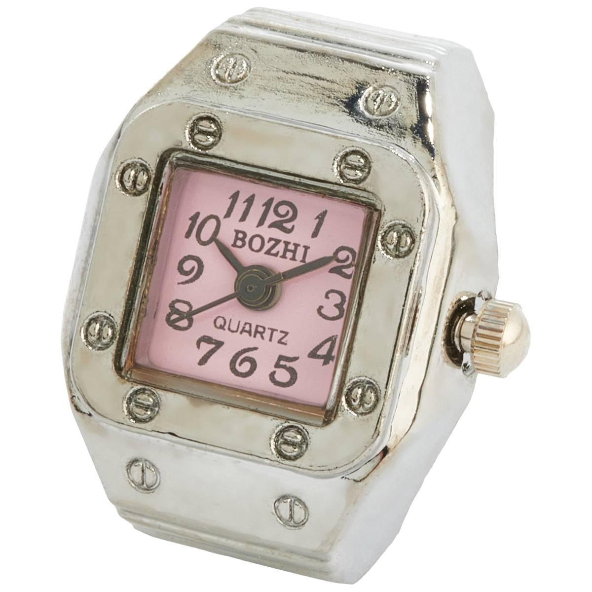 Womens Silver-Tone Pink Square Dial Quartz Ring Watch - RWSBV-03