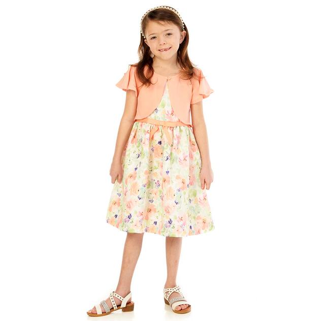 Girls (4-6x) Bonnie Jean Flutter Cardigan w/Floral Jacquard Dress