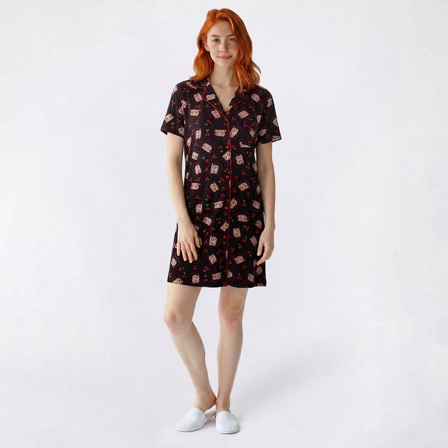 Juniors Betty Boop Cherries Short Sleeve Notch Collar Nightshirt