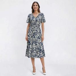 Womens Luxology Short Sleeve V Neck Leaf Smocked Midi Dress
