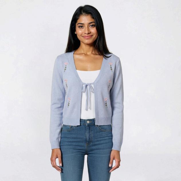 Juniors Pink Rose Flower Embroidery Tie Front Sweater Cardigan