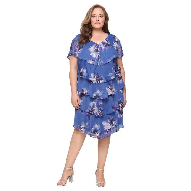 Plus Size SLNY Tier V-Neck Floral Chiffon Shift Dress
