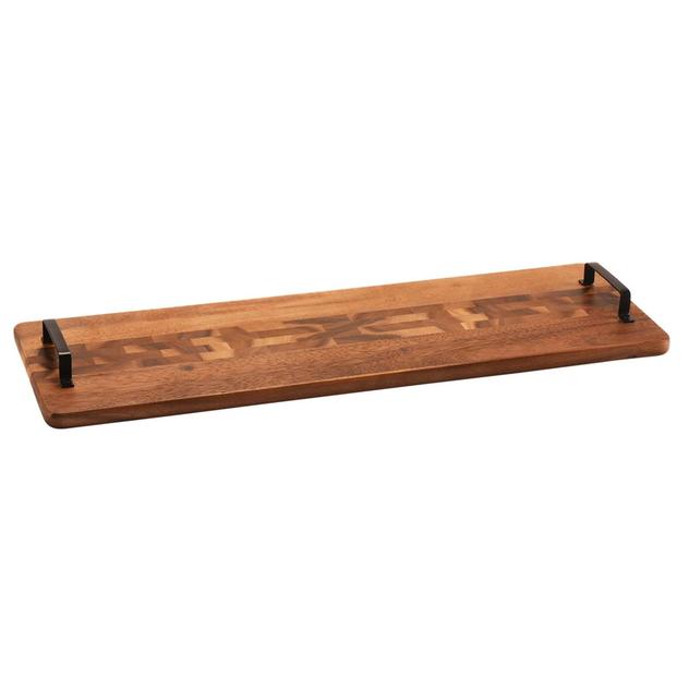 Kalmar Home Extra Long Acacia Wood Tray with Metal Handles