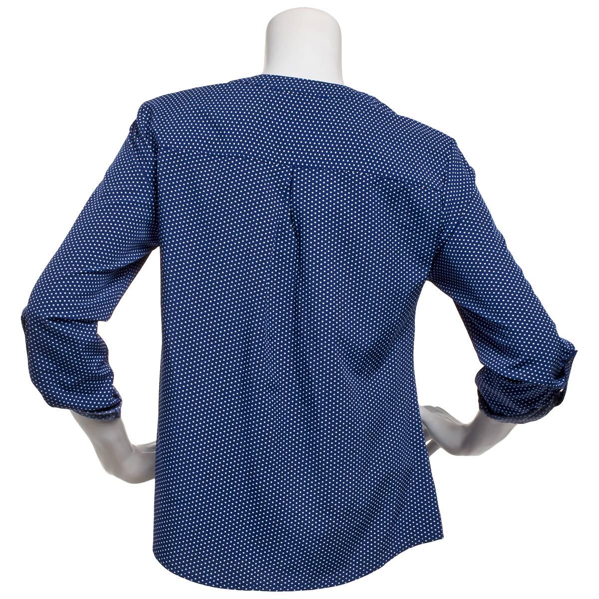 Womens Notations 3/4 Roll Tab Sleeve Dot Split Neck Blouse