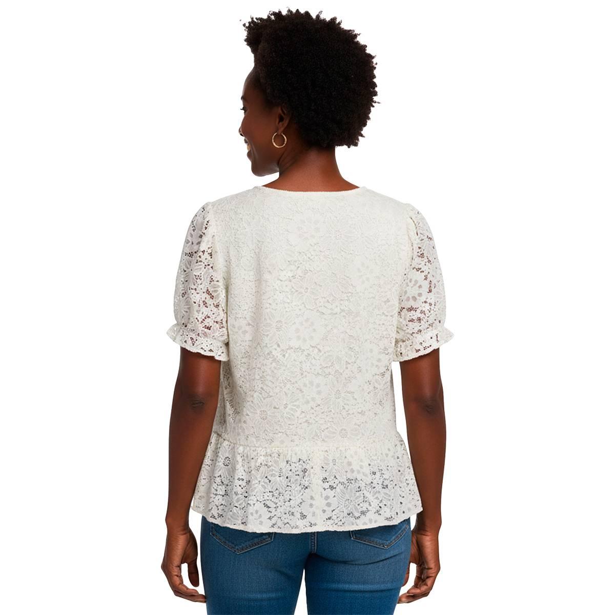 Womens Adrianna Papell Short Sleeve V Neck Lace Ruffle Blouse