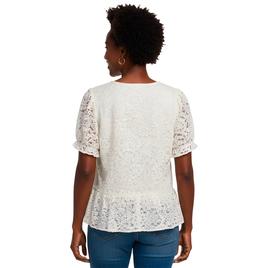 Womens Adrianna Papell Short Sleeve V Neck Lace Ruffle Blouse