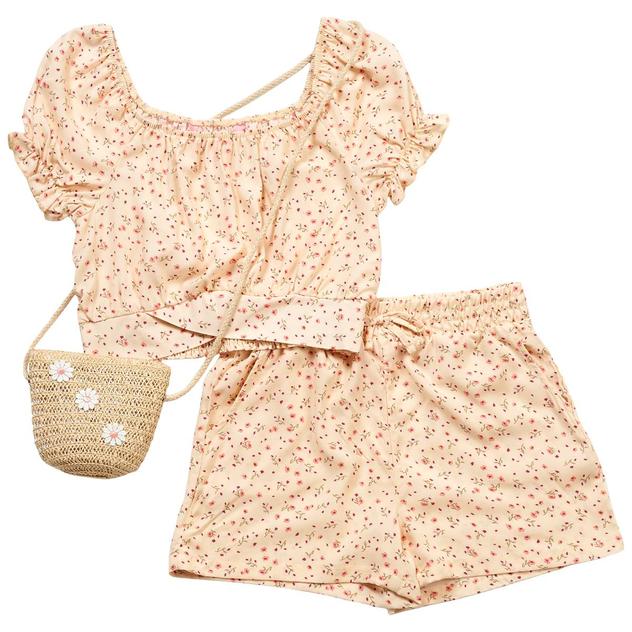 Girls (7-14) 1st Kiss® Floral Puff Sleeve Top with Shorts & Bag