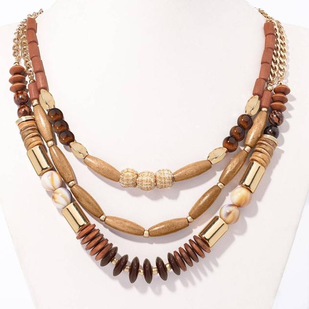 Ashley Cooper™ 3-Row Layered Necklace with Wood & Metal Beads