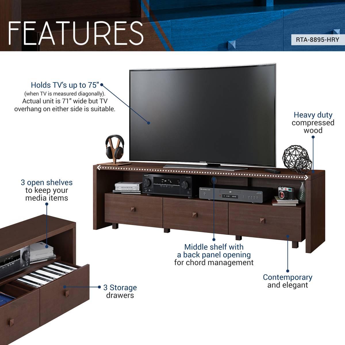 Techni Mobili Elegant TV Stand for TV''s Up To 75" w/ Storage