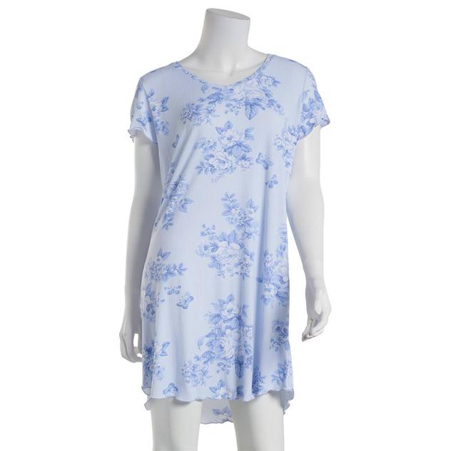 Womens Laura Ashley® Short Sleeve Rib Lettuce Nightshirt-Blue
