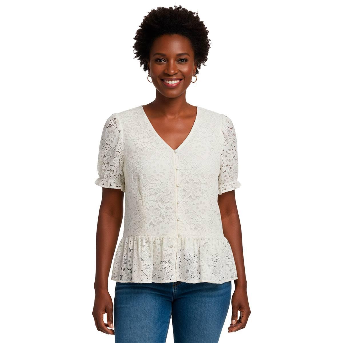 Womens Adrianna Papell Short Sleeve V Neck Lace Ruffle Blouse