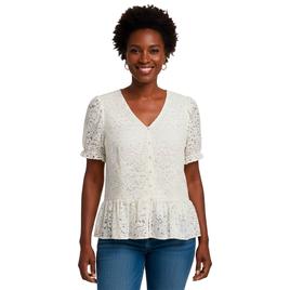 Womens Adrianna Papell Short Sleeve V Neck Lace Ruffle Blouse