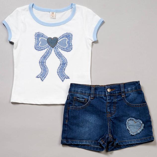 Girls (7-16) Sweet Butterfly® Bow Graphic Top w/ Denim Shorts Set
