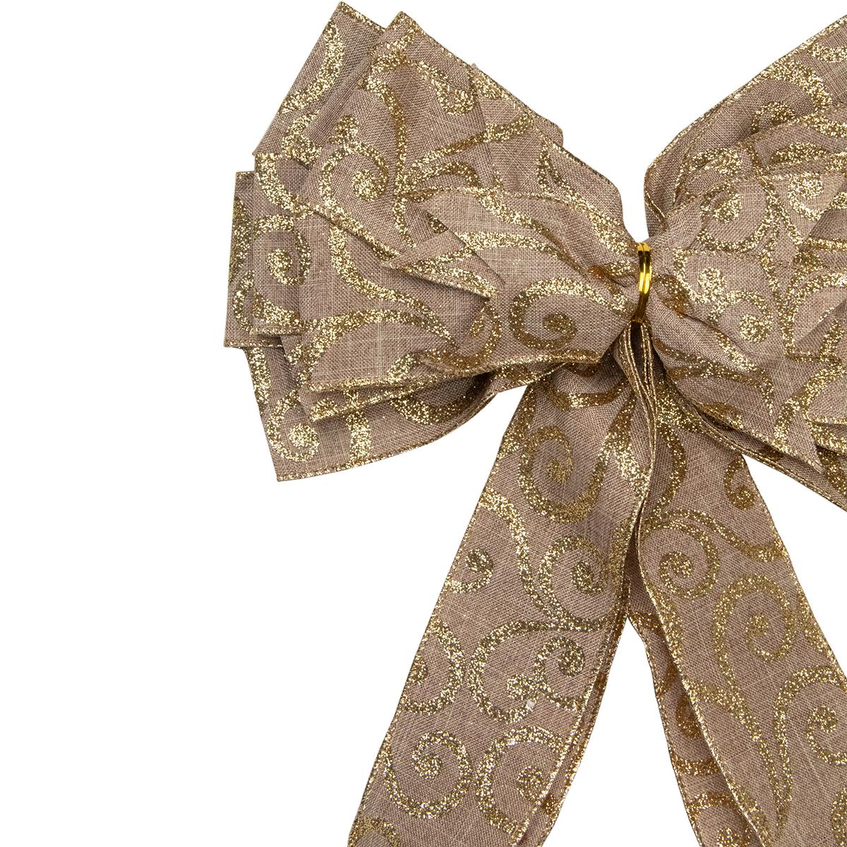 Northlight 48in. Burlap and Gold Scroll 16 Loop Christmas Bow