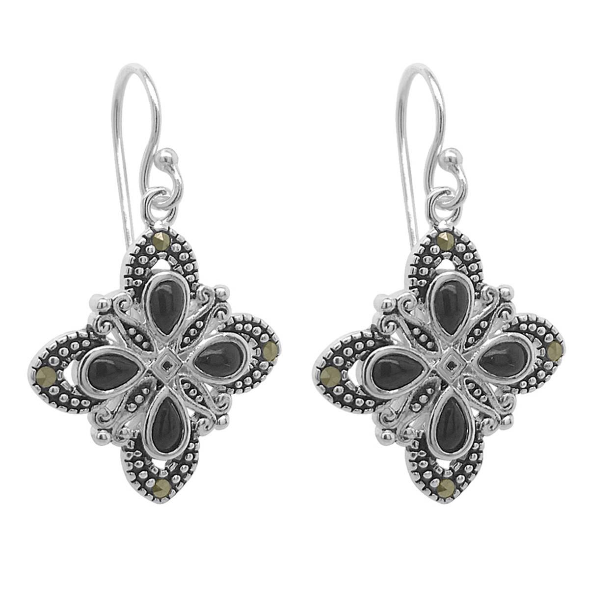 Marsala Silver Plated Marcasite & Onyx Inlay Drop Earrings
