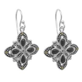 Marsala Silver Plated Marcasite & Onyx Inlay Drop Earrings
