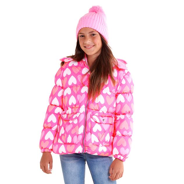 Girls (7-16) Pink Platinum® Heart Puffer Coat with Knit Hat