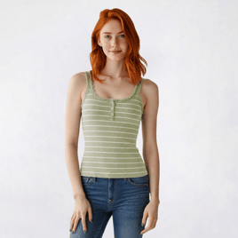 Juniors Pink Rose Striped Thermal Lace Trim Henley Tank Top