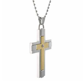 Mens Lynx Stainless 1/8ctw. Diamond & Gold-Tone IP Cross Pendant