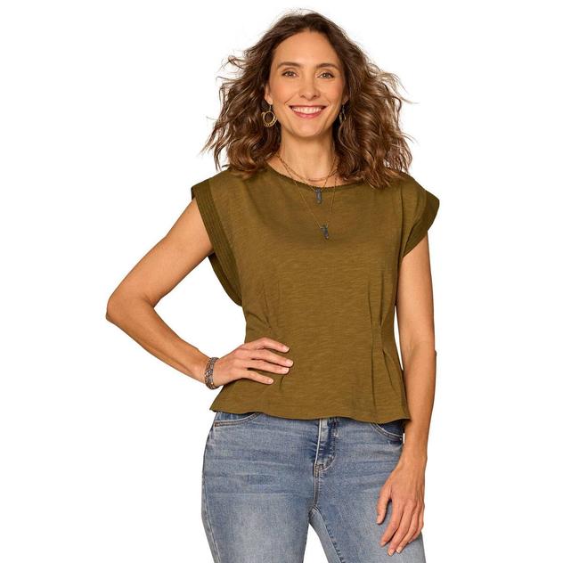 Womens Democracy Cap Sleeve Pleated Golden Olive Peplum Blouse