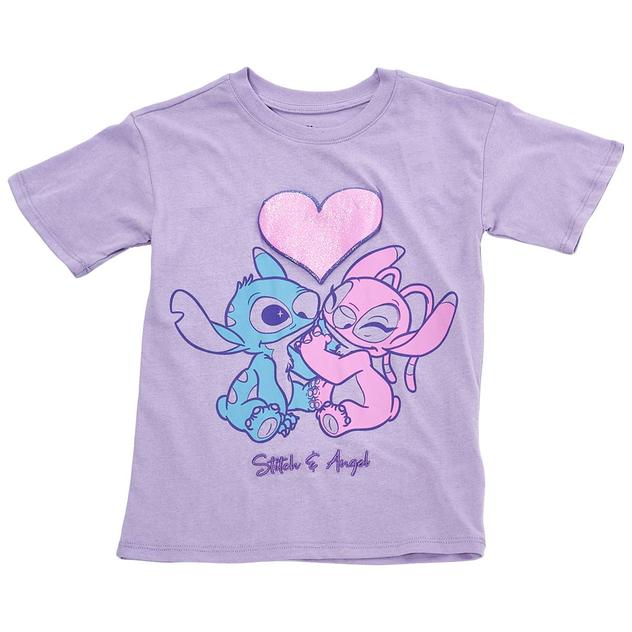 Girls (4-6x) Disney Stitch & Angel Glitter Puff Heart Tee