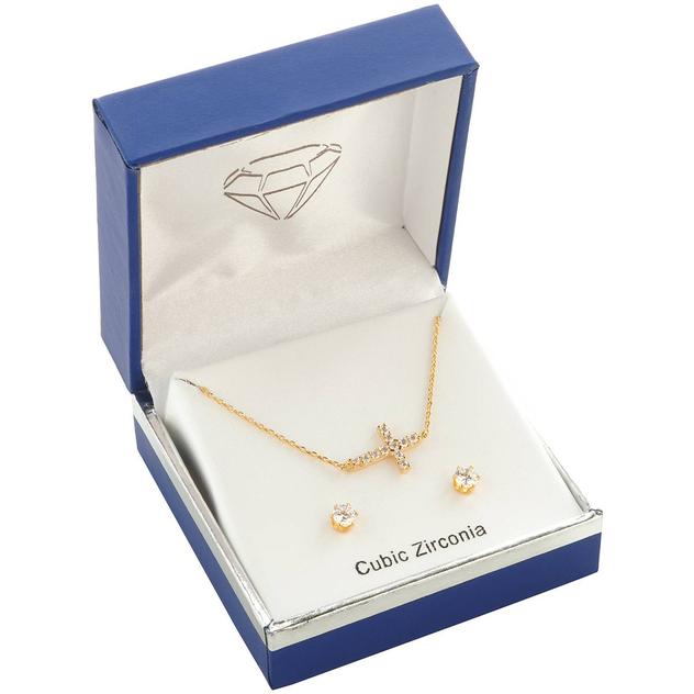Gold-Tone CZ Sideways Cross Pendant Necklace & Earrings Set