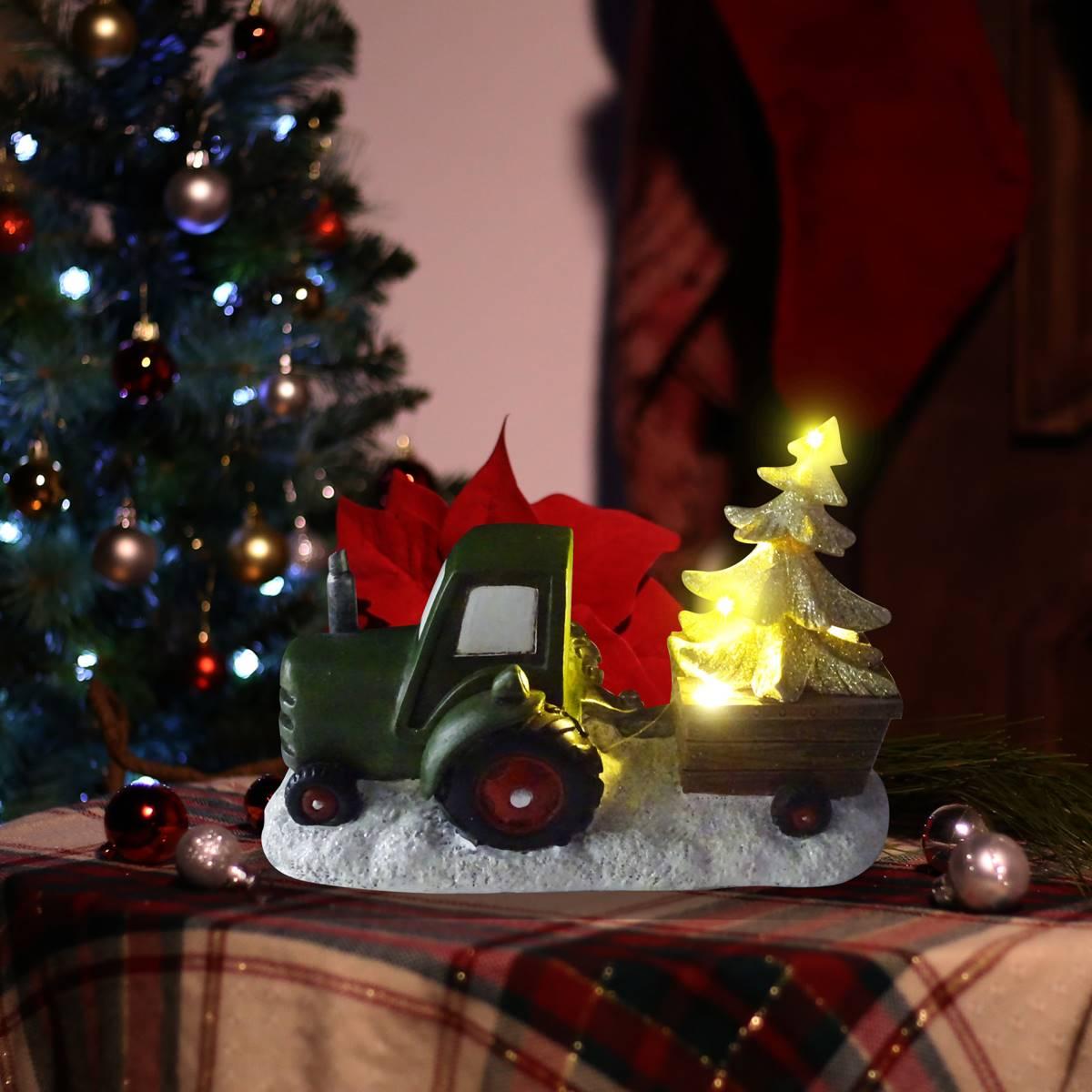 Alpine LED Green Tractor Pulling Tree Statue
