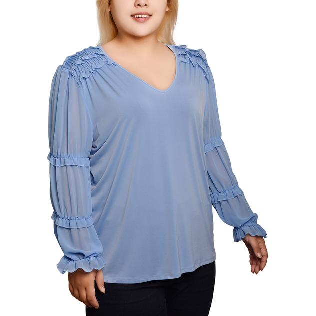 Plus Size NY Collection Long Chiffon Sleeve Ruch Shoulder Blouse