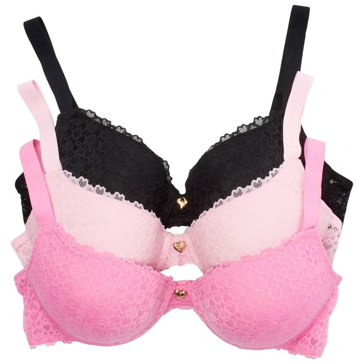 Womens Juicy Couture 3pk Heart Lace Bras w/Logo Strap JC2550-3PKF