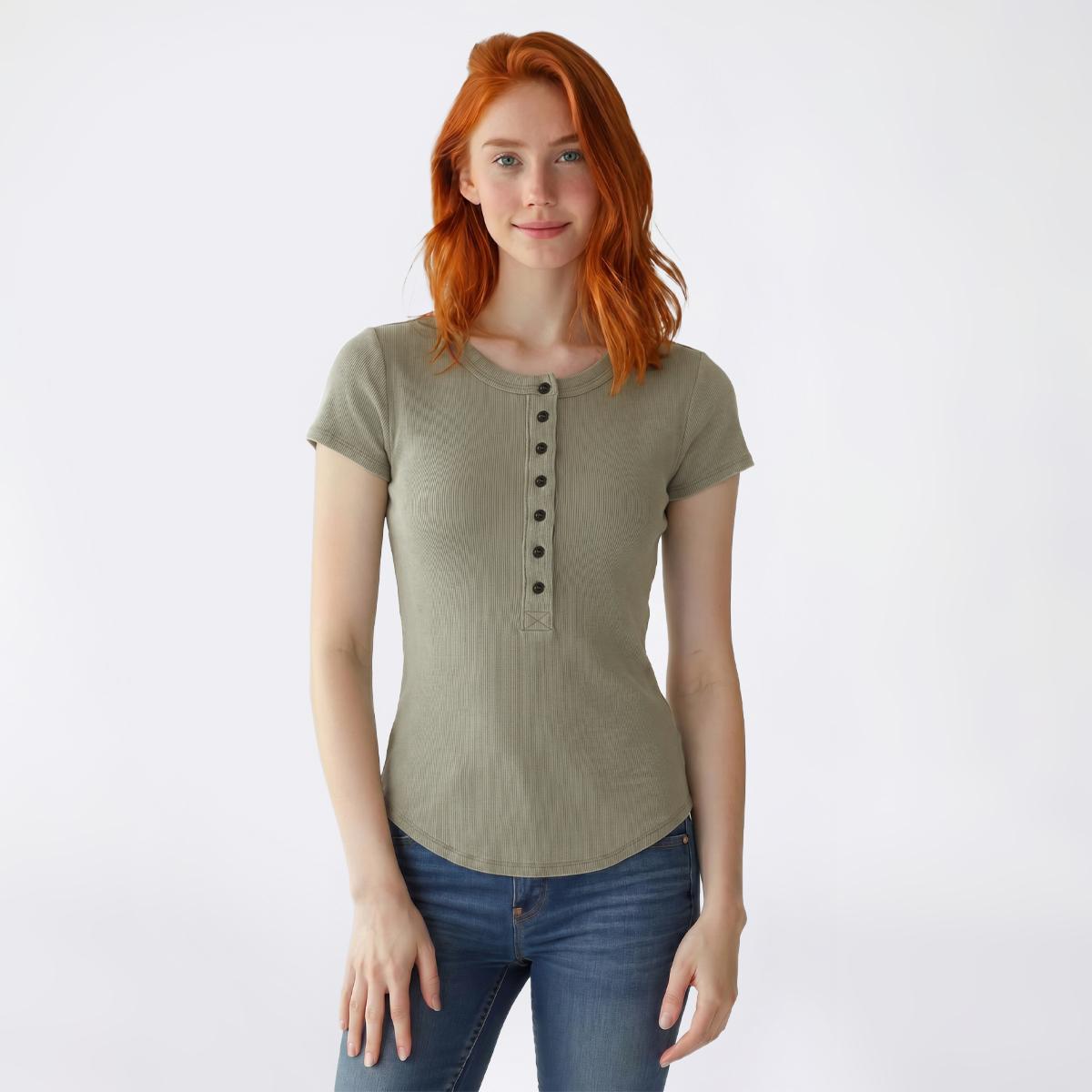 Juniors Pink Rose Short Sleeve Mineral Wash Rib Henley Top
