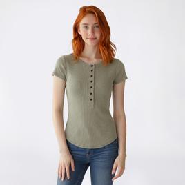 Juniors Pink Rose Short Sleeve Mineral Wash Rib Henley Top