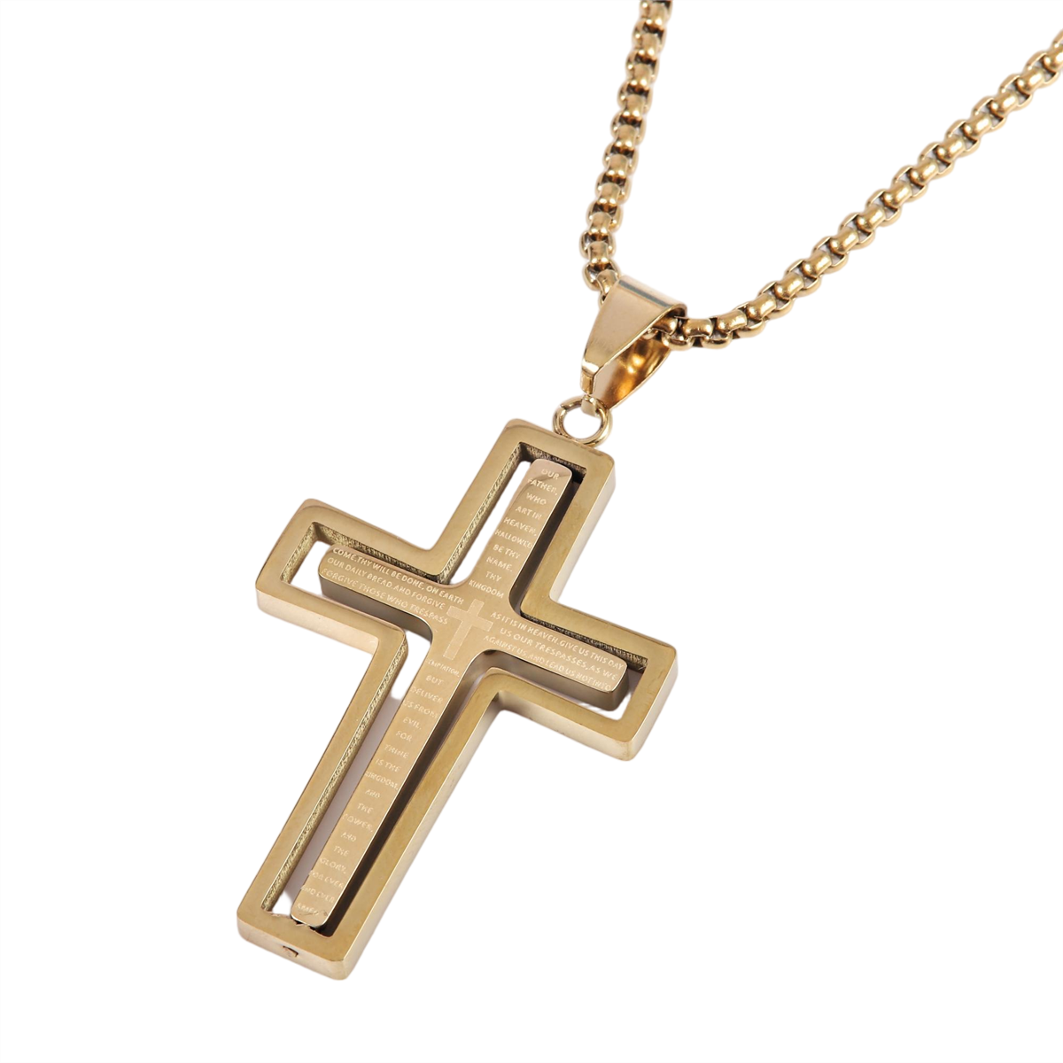 Mens Iron Saints Our Father Prayer Gold Spinner Cross Necklace