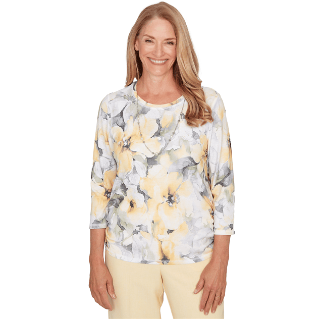 Petite Alfred Dunner Al Fresco Watercolor Floral Ruched Blouse