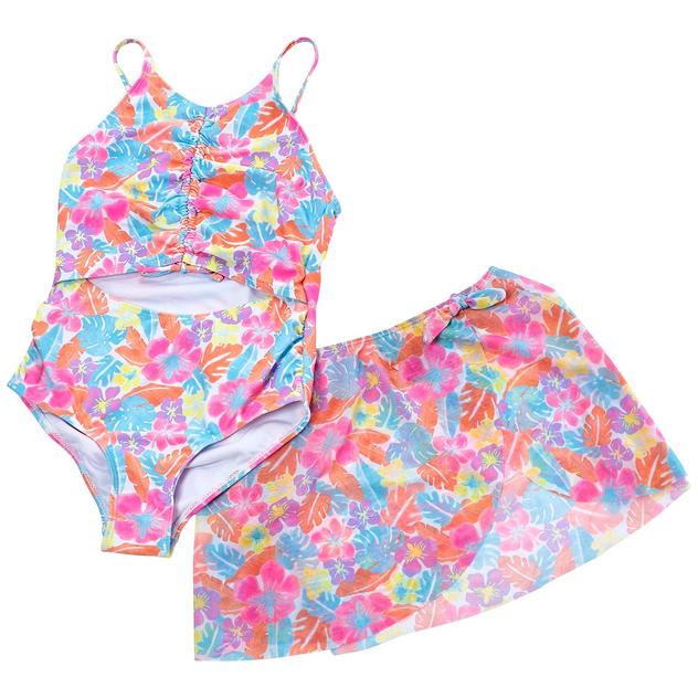 Girls (7-16) Kensie Girl Floral Cutout One Piece Swimsuit & Skirt
