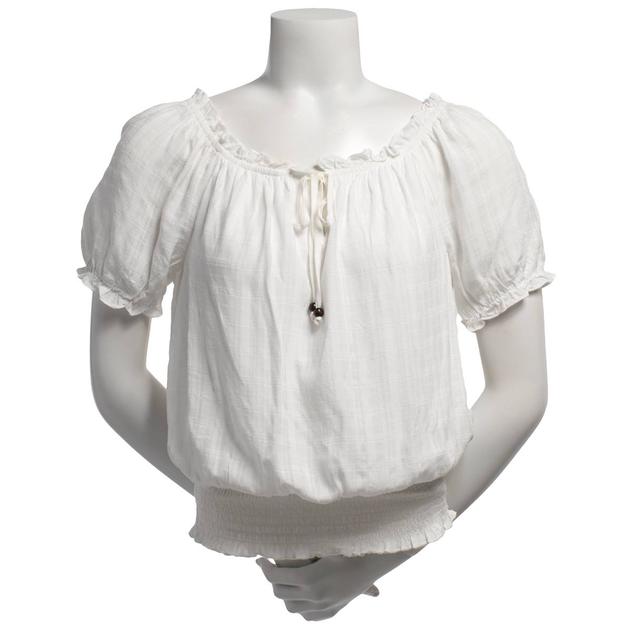 Juniors A. Byer Short Sleeve Ruffle Smock Waist Blouse