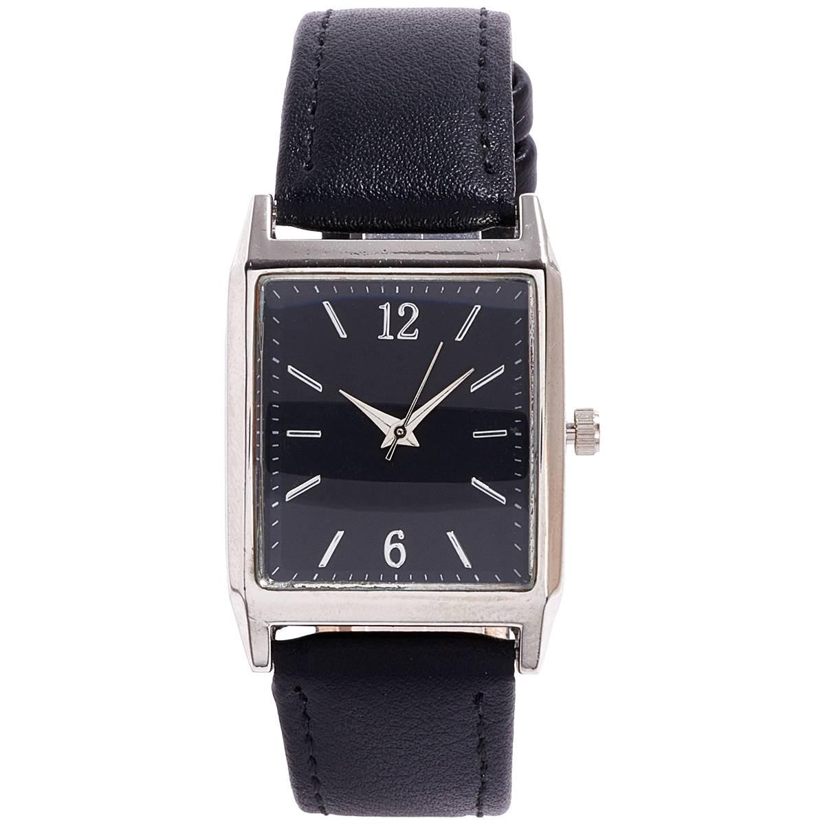Mens Black & Silver-Tone Faux Leather Strap Watch - 50598S-07-B02