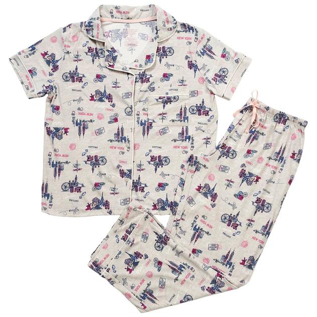 Womens Derek Heart Big City Shopping Notch Collar Pajama Set