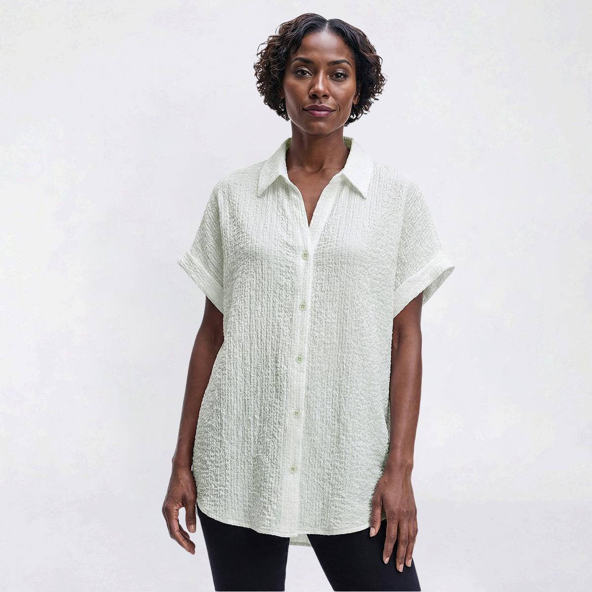 Womens Adrianna Papell Short Cuff Sleeve Button Front Blouse