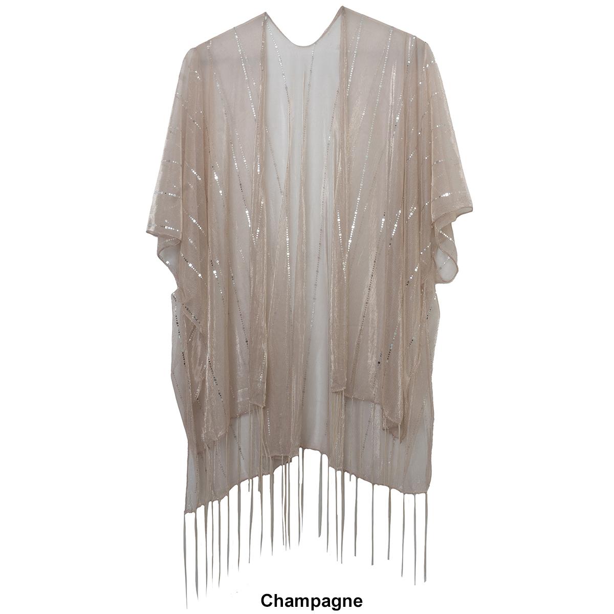 Womens Jessica McClintock Hologram Tie Front Fringe Kimono