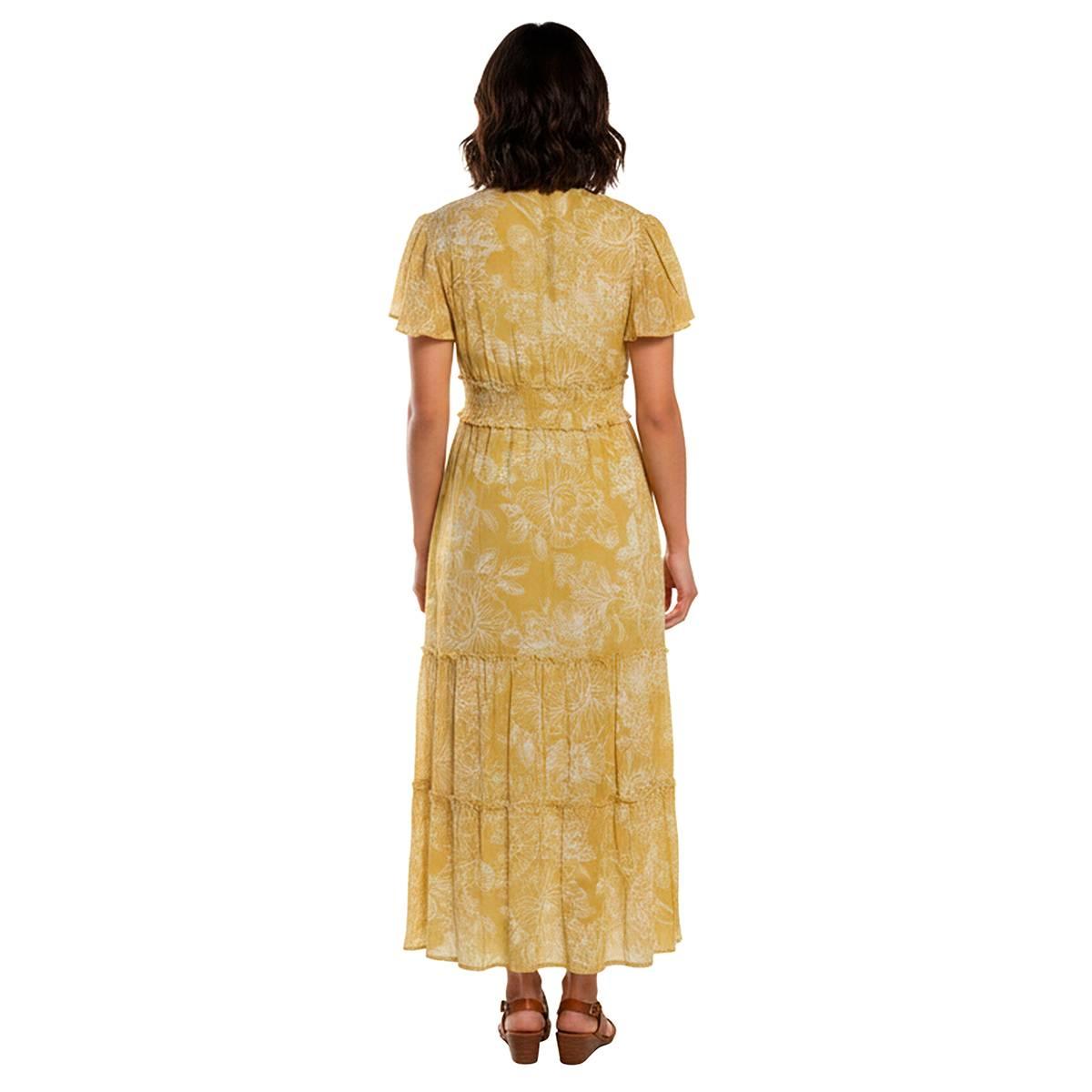 Womens Vivid Aura Short Sleeve Floral Smock Waist Tier Maxi Dress