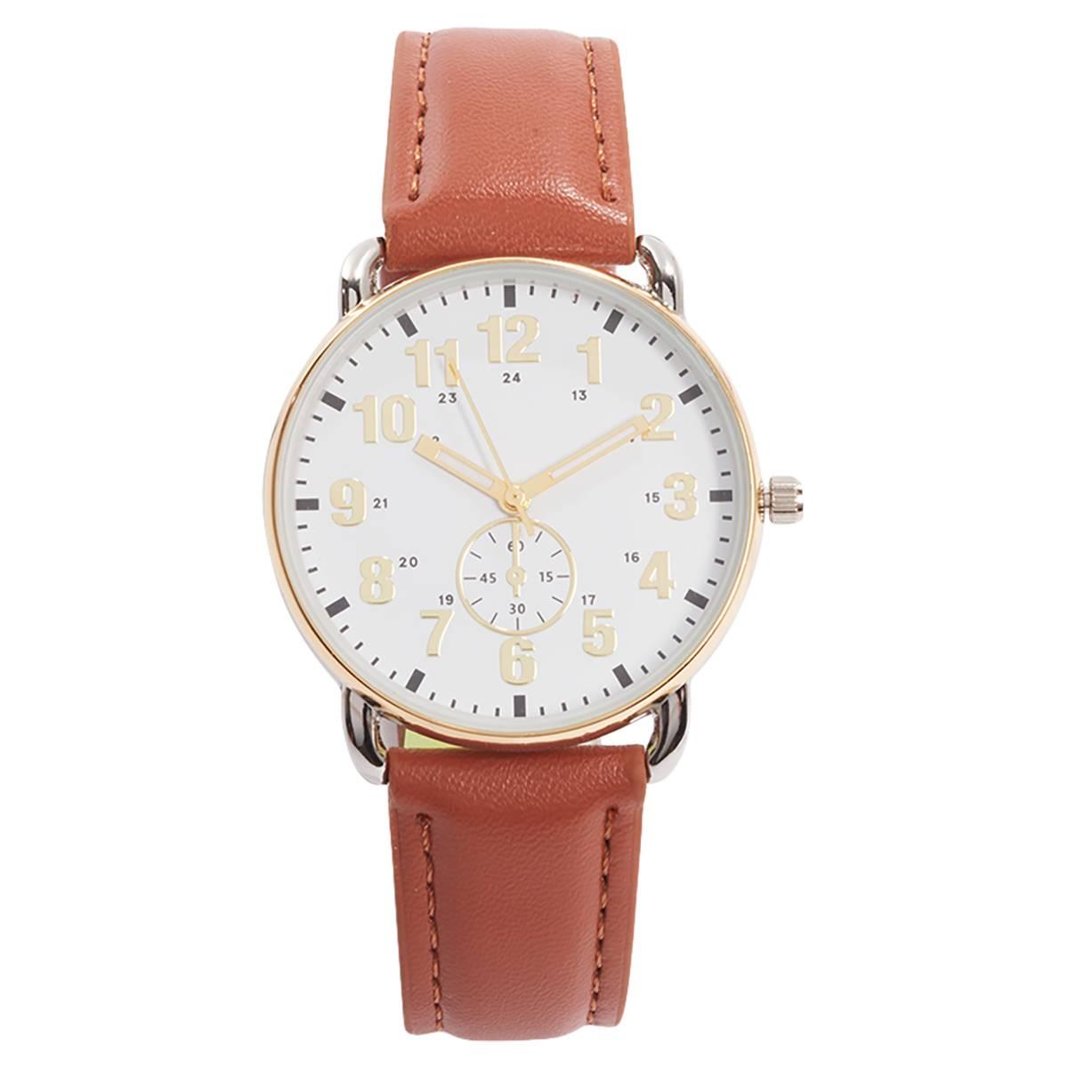 Mens Two-Tone Sunray Dial Watch with Leather Band - 50735S-07-B16