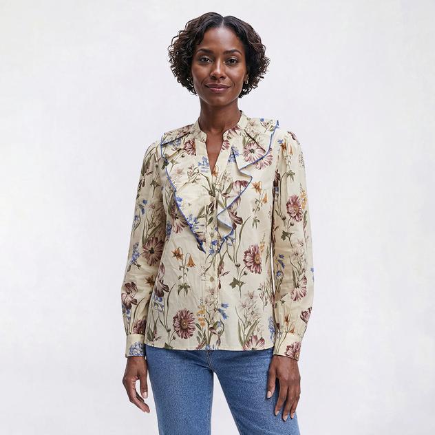Womens Nicole Miller Long Sleeve Floral Button Up Poplin Blouse