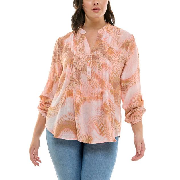 Womens Zac & Rachel 3/4 Sleeve Front Pleat Abstract Swirl Blouse
