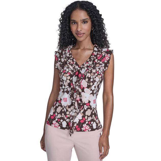 Womens Tommy Hilfiger Sleeveless Floral Ruffle Front Blouse