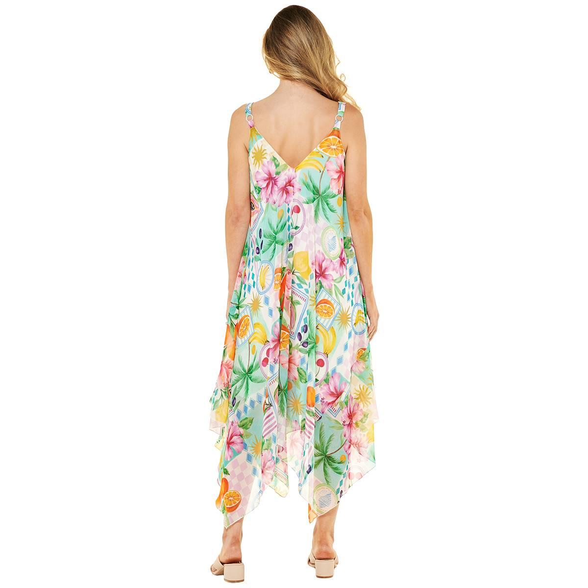 Womens Nina Leonard Sleeveless Chiffon Fruit Hanky Hem Midi Dress