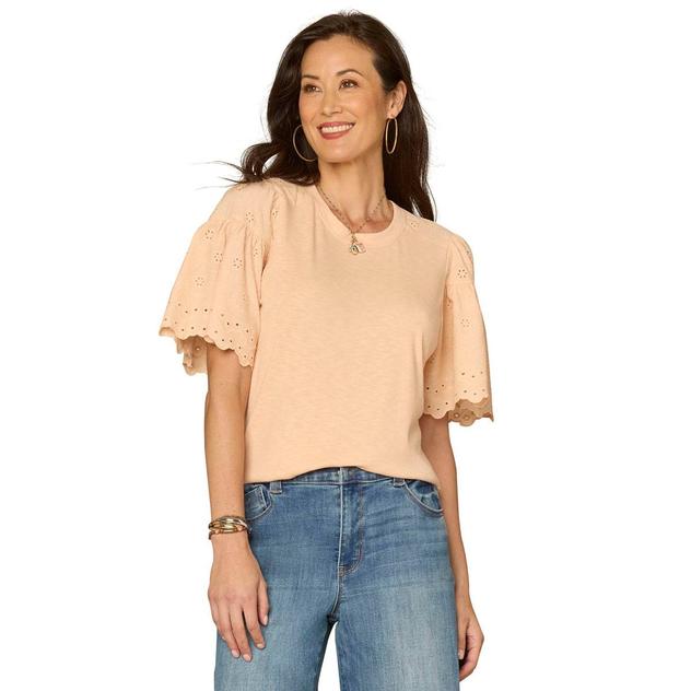 Womens Democracy Scalloped Eyelet Short Sleeve Blouse