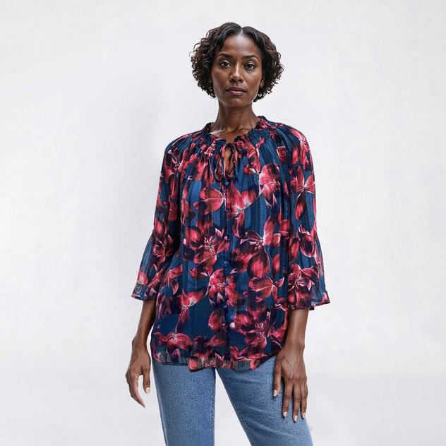Womens Zac & Rachel Long Sleeve Dark Floral Keyhole Neck Blouse