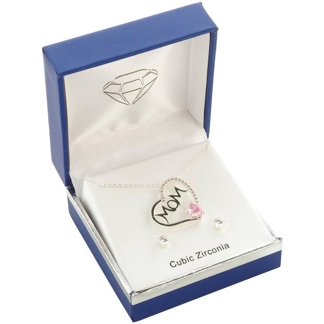 Silver-Tone Mom Heart Pendant & Earring Set