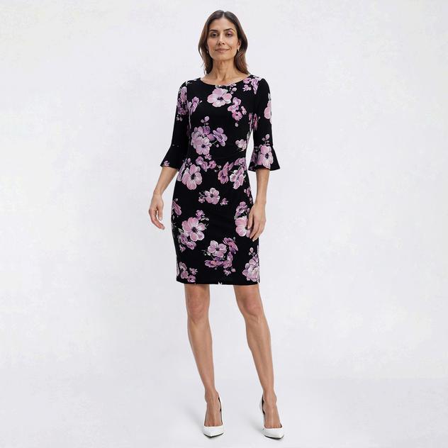 Petite Connected Apparel 3/4 Flounce Sleeve Floral Sheath Dress